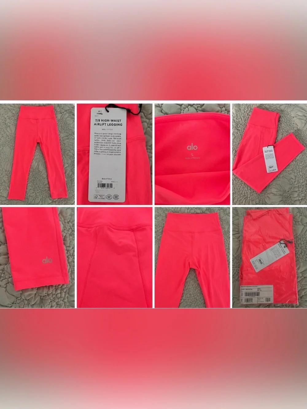 NWT Alo Yoga 7/8 High-Waist Airlift Leggings L Fluorescent Pink Coral Neon